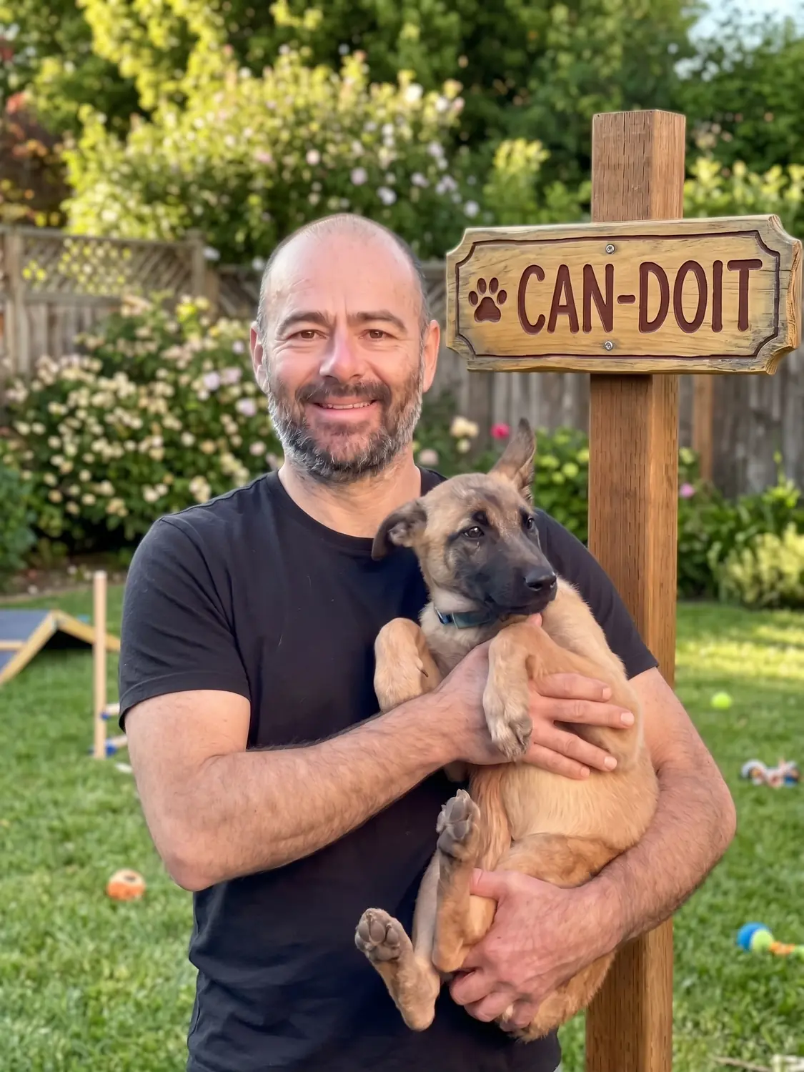 Horacio Vega, médico veterinario, con un cachorro en Can-Doit